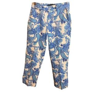 Boston Proper‎ Paisley Pants Womens Size 6 Blue Excellent Tapered Ankle Slit Hem